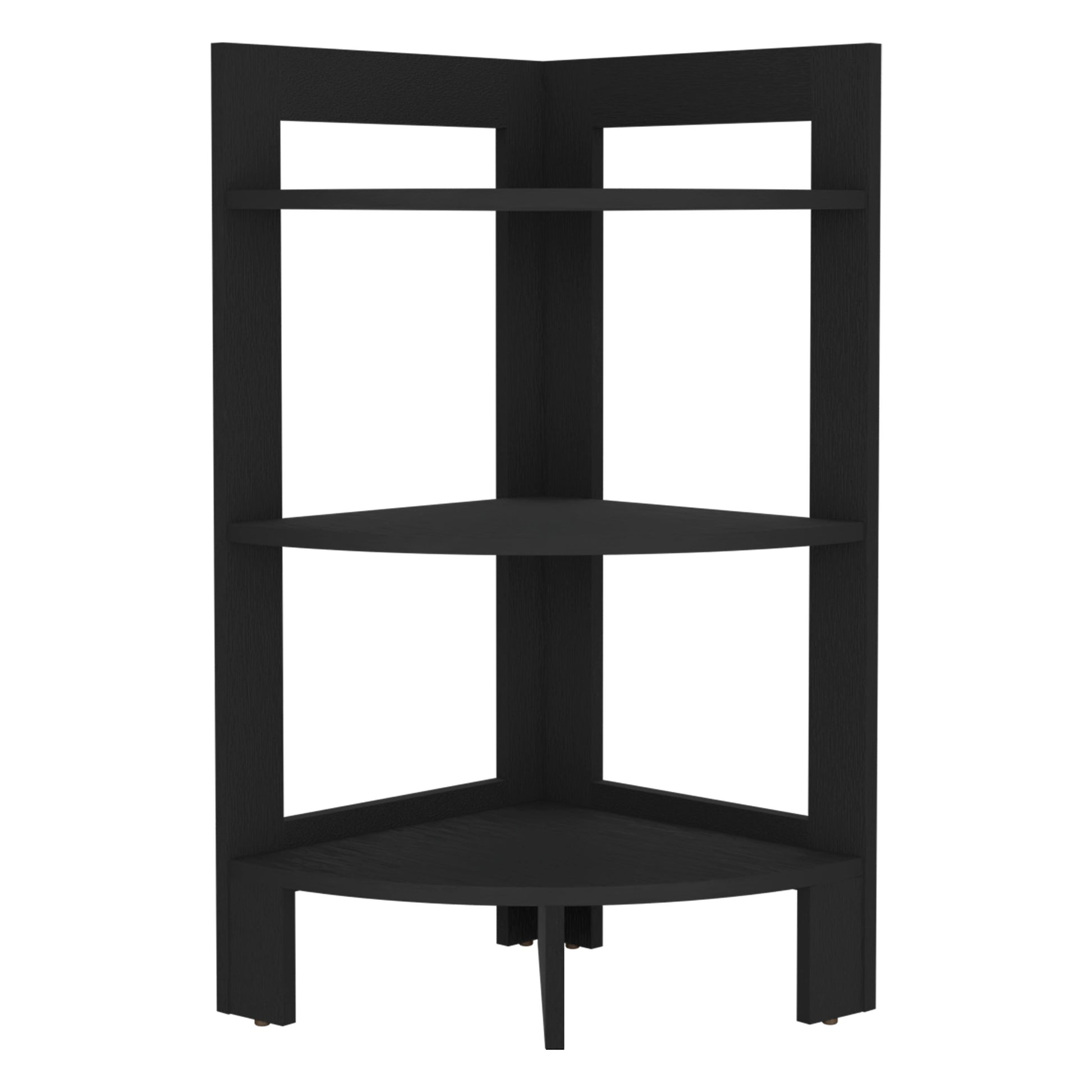 Black wooden corner shelf with three tiers ideal for small space storage