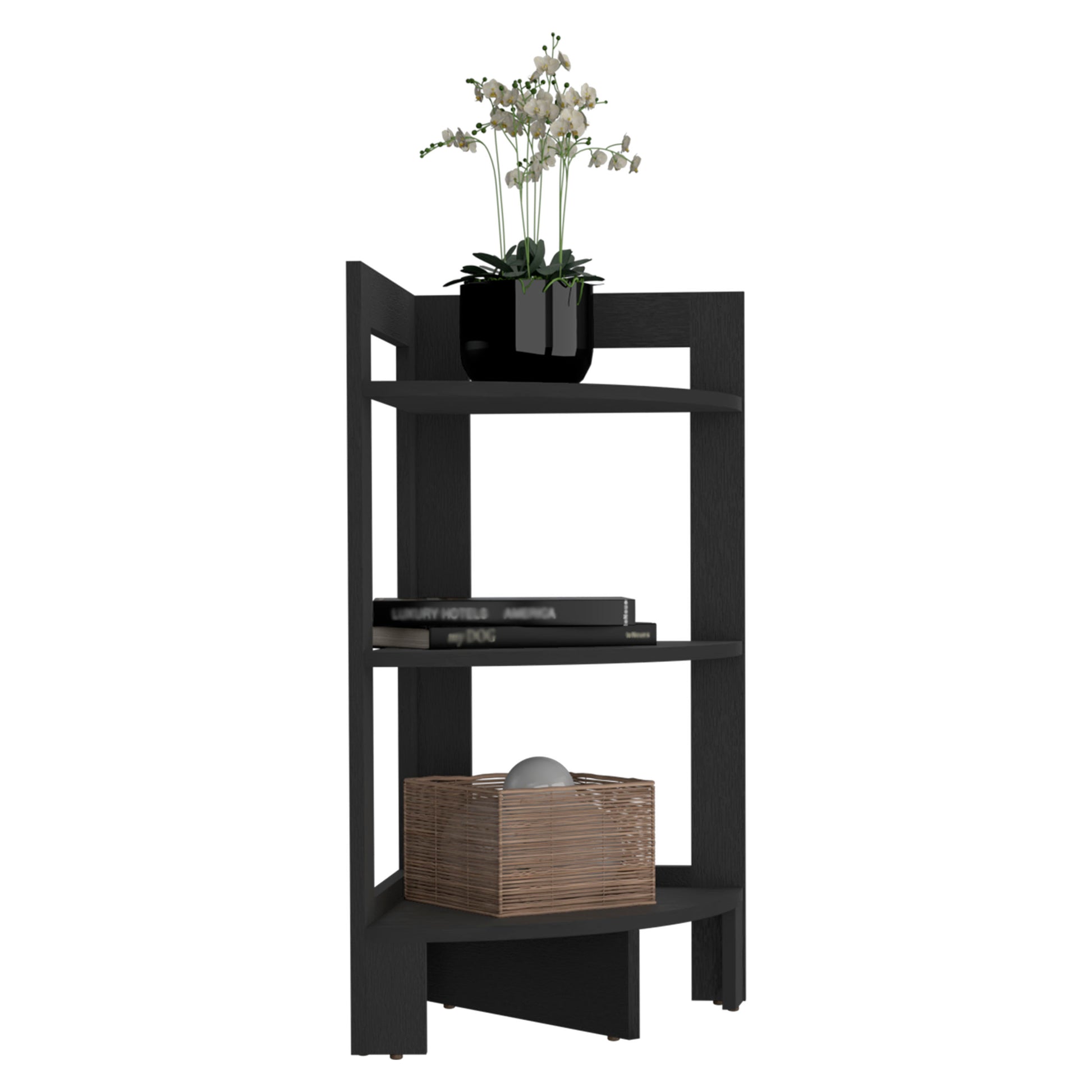 Black wooden corner shelf with white orchids and books