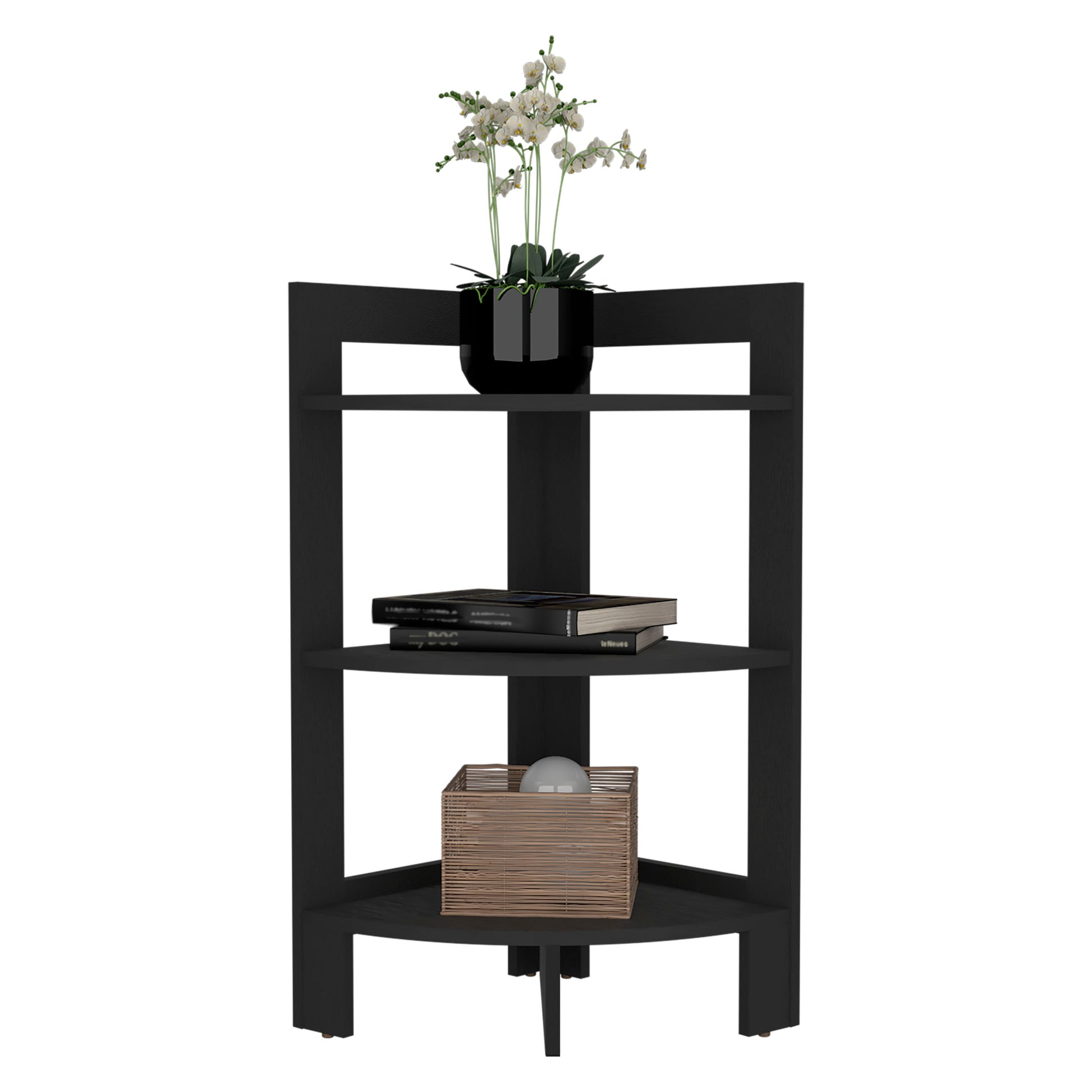 Black threetier corner shelf with decorative orchid plant and books