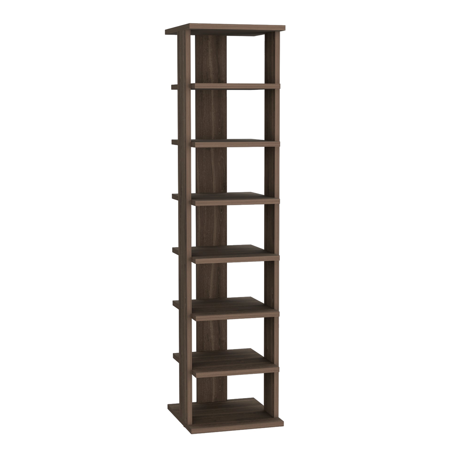 Tall dark wood bookshelf with open shelves for storage and display