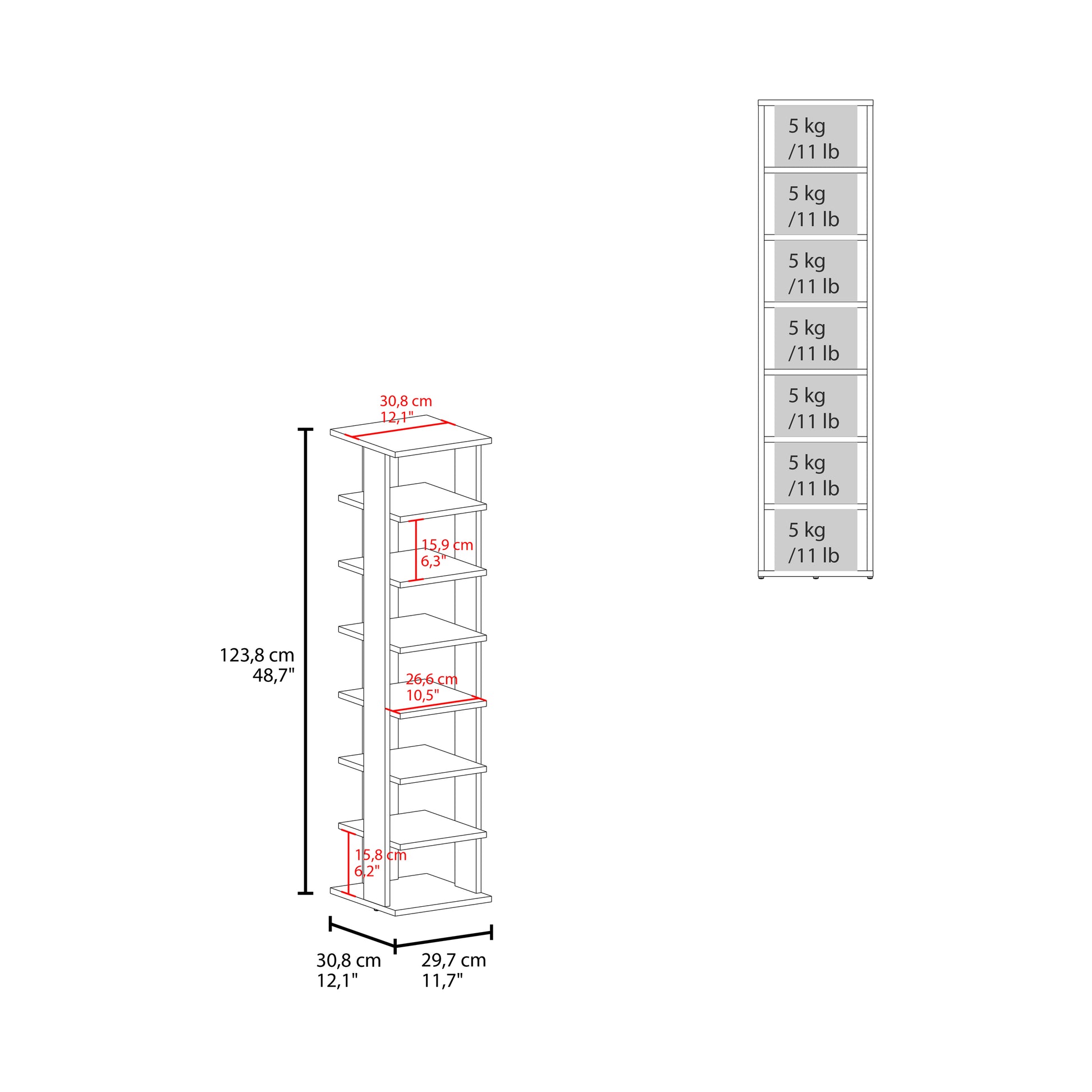 Diagram of a white narrow shelving unit with  tiers showing dimensions