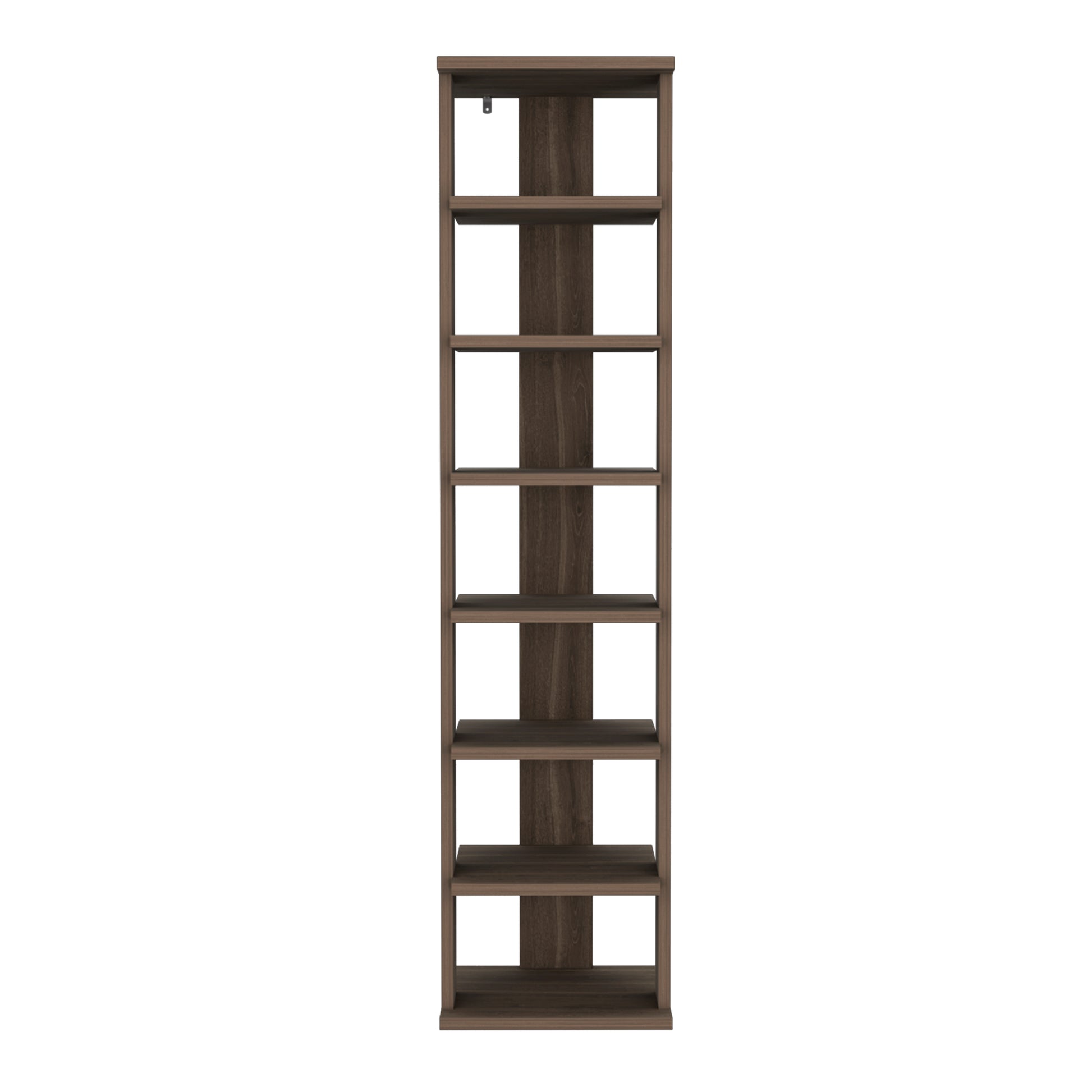Tall dark wood bookshelf with seven open shelves for storage