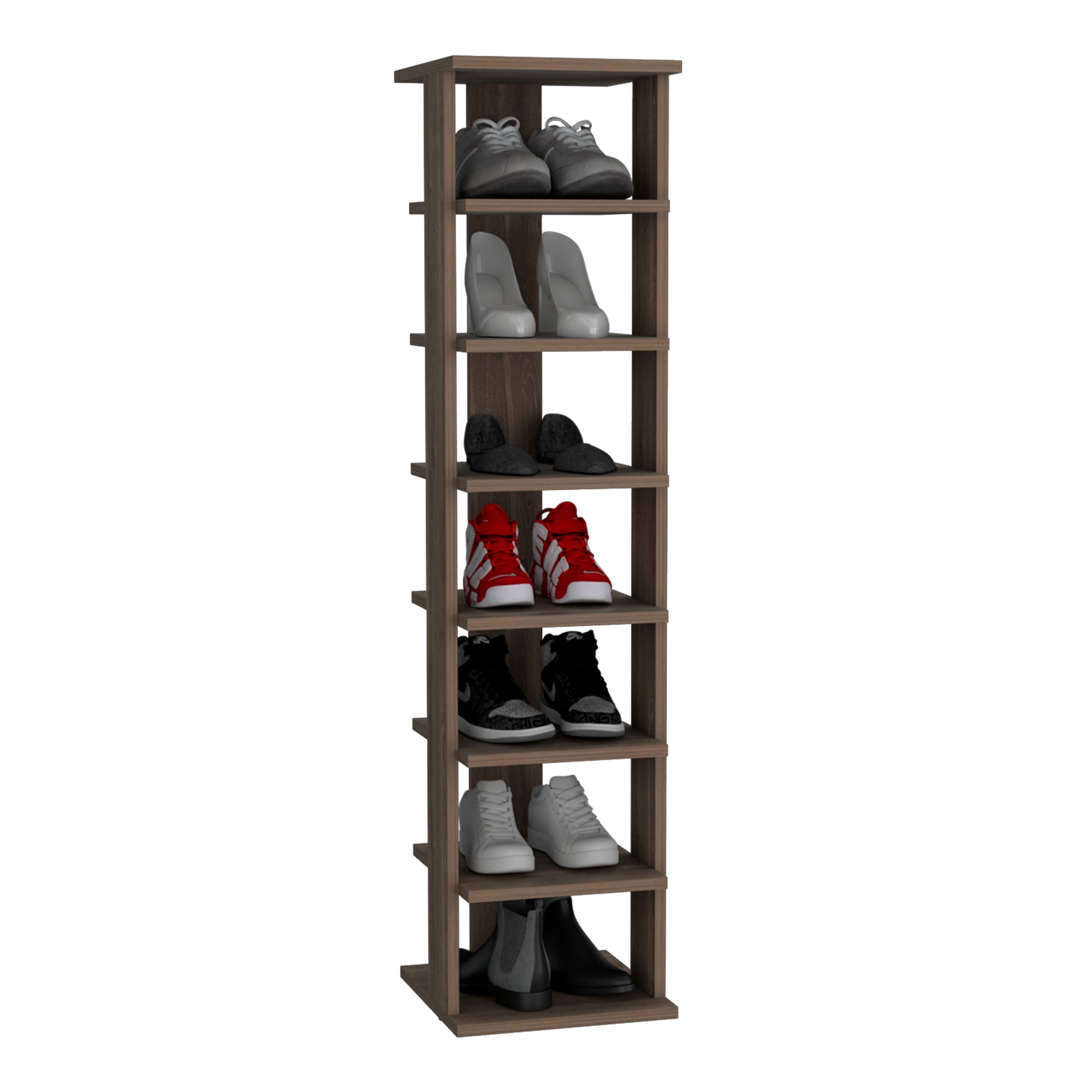 Wooden shoe rack displaying gray sneakers on the top shelf