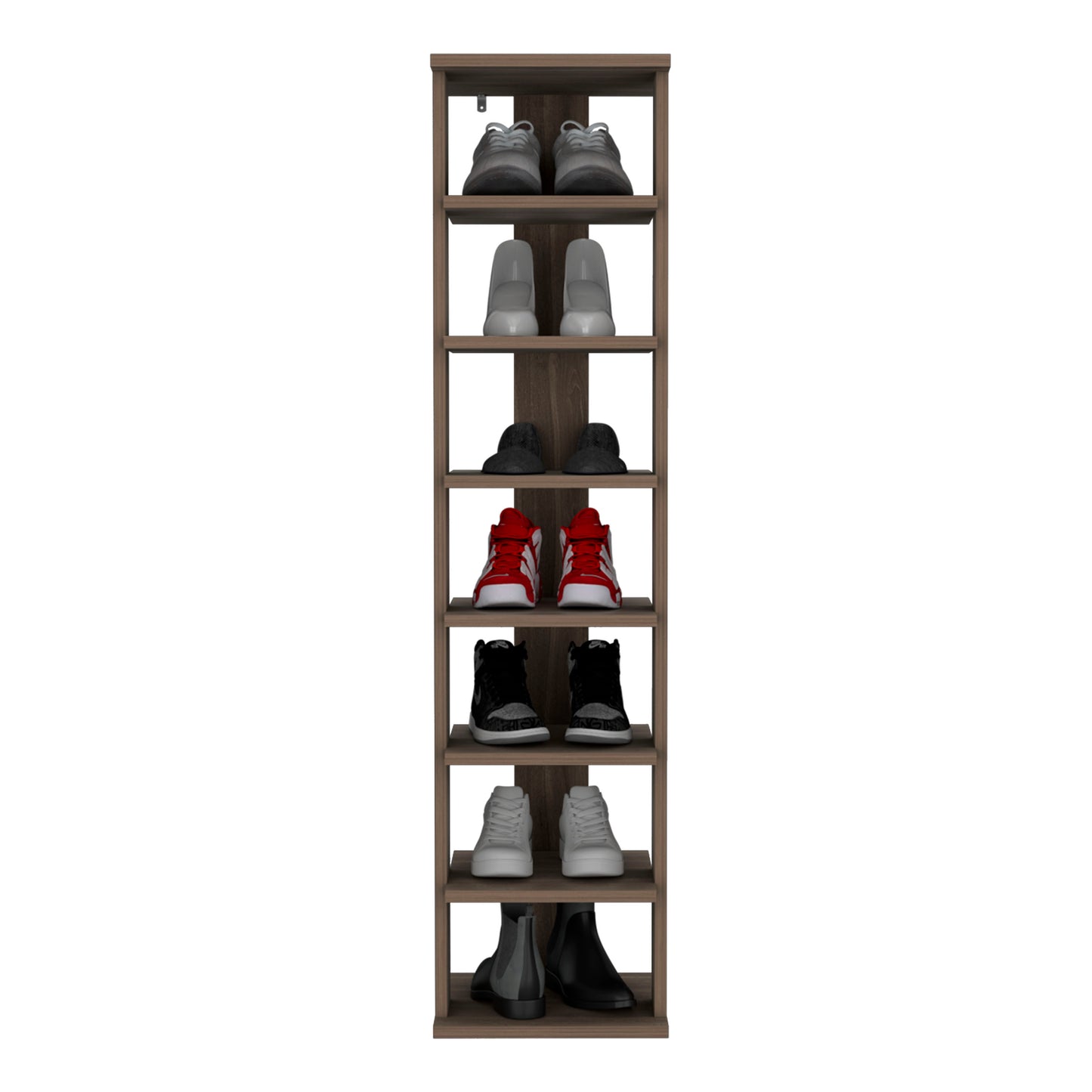 Gray athletic sneakers displayed on the top shelf of a multitier shoe rack