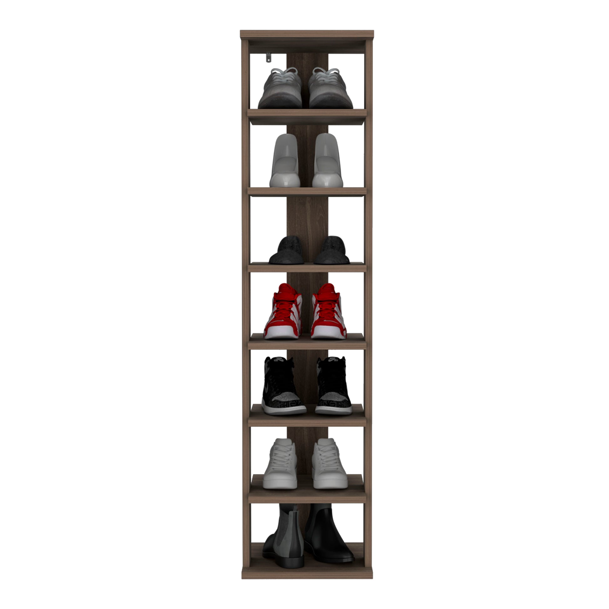 Gray athletic sneakers displayed on the top shelf of a multitier shoe rack