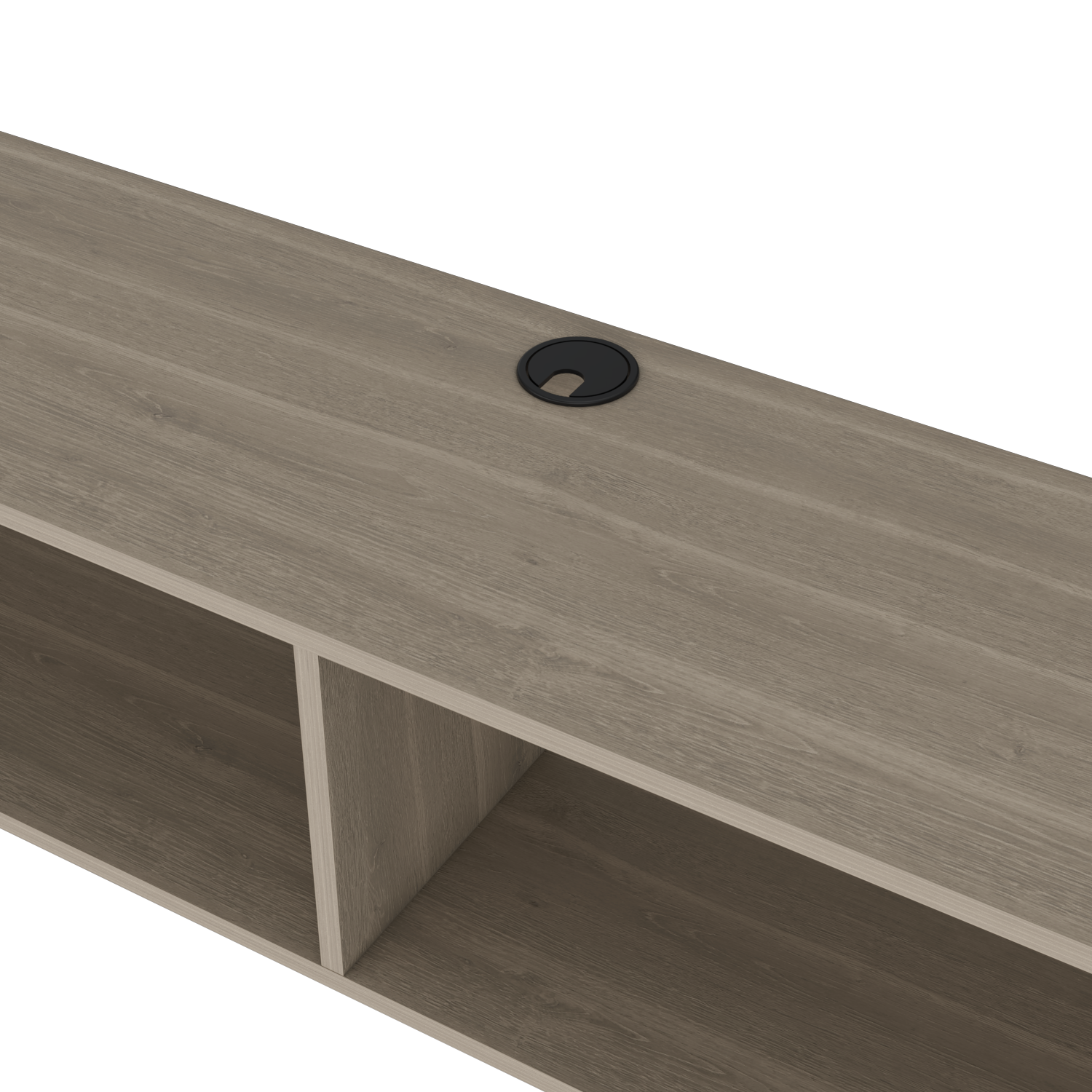 Light oak wood TV stand with a cable management grommet for clean setup