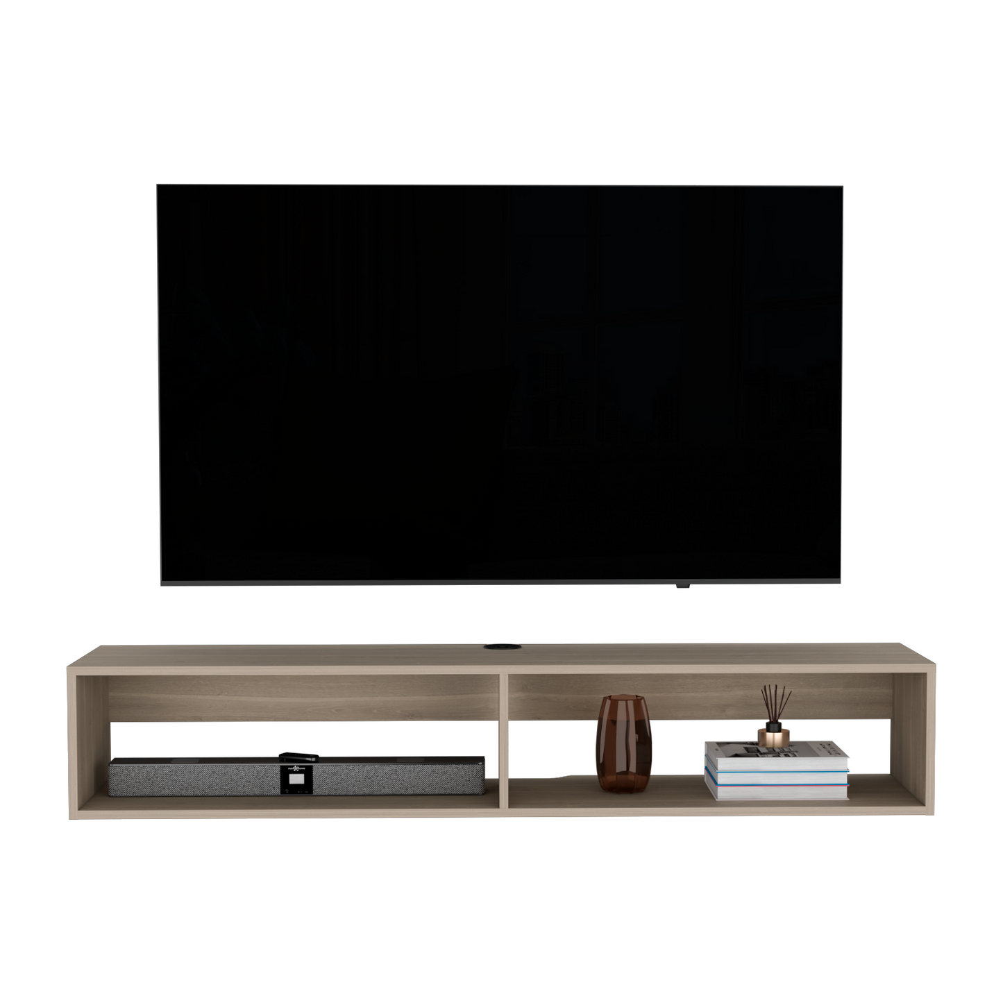 Modern floating TV stand in light oak finish with open shelving for electronics
