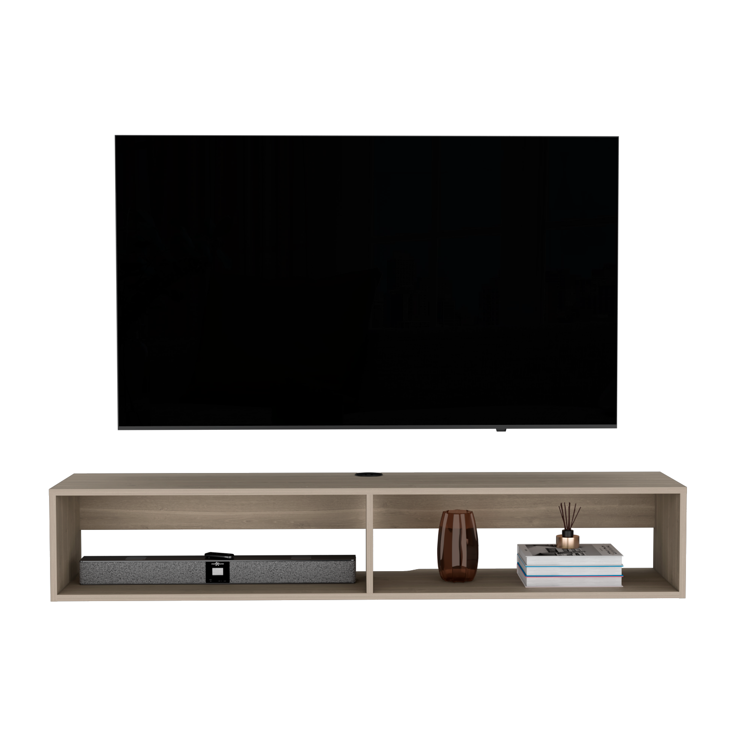 Modern floating TV stand in light oak finish with open shelving for electronics