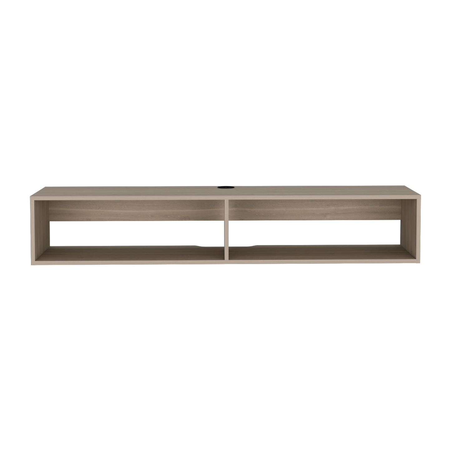 Modern gray wood wallmounted media console with two open compartments and cable management hole