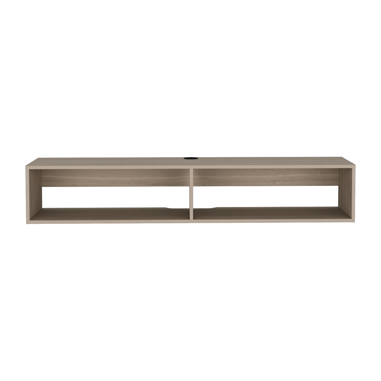 Modern gray wood wallmounted media console with two open compartments and cable management hole