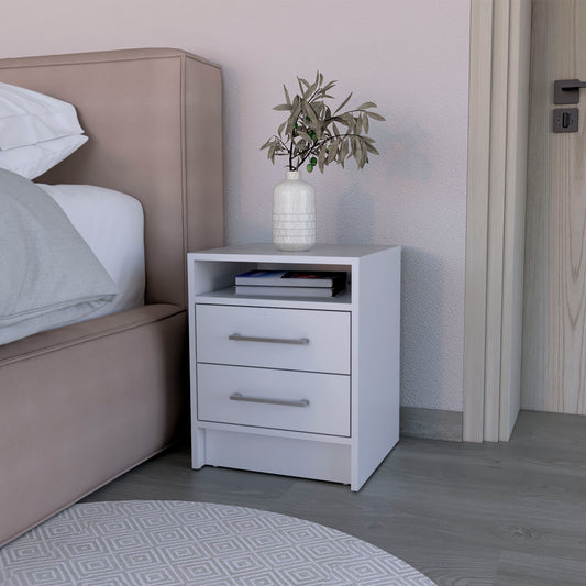 White minimalist nightstand with two drawers and open shelf perfect for modern bedrooms