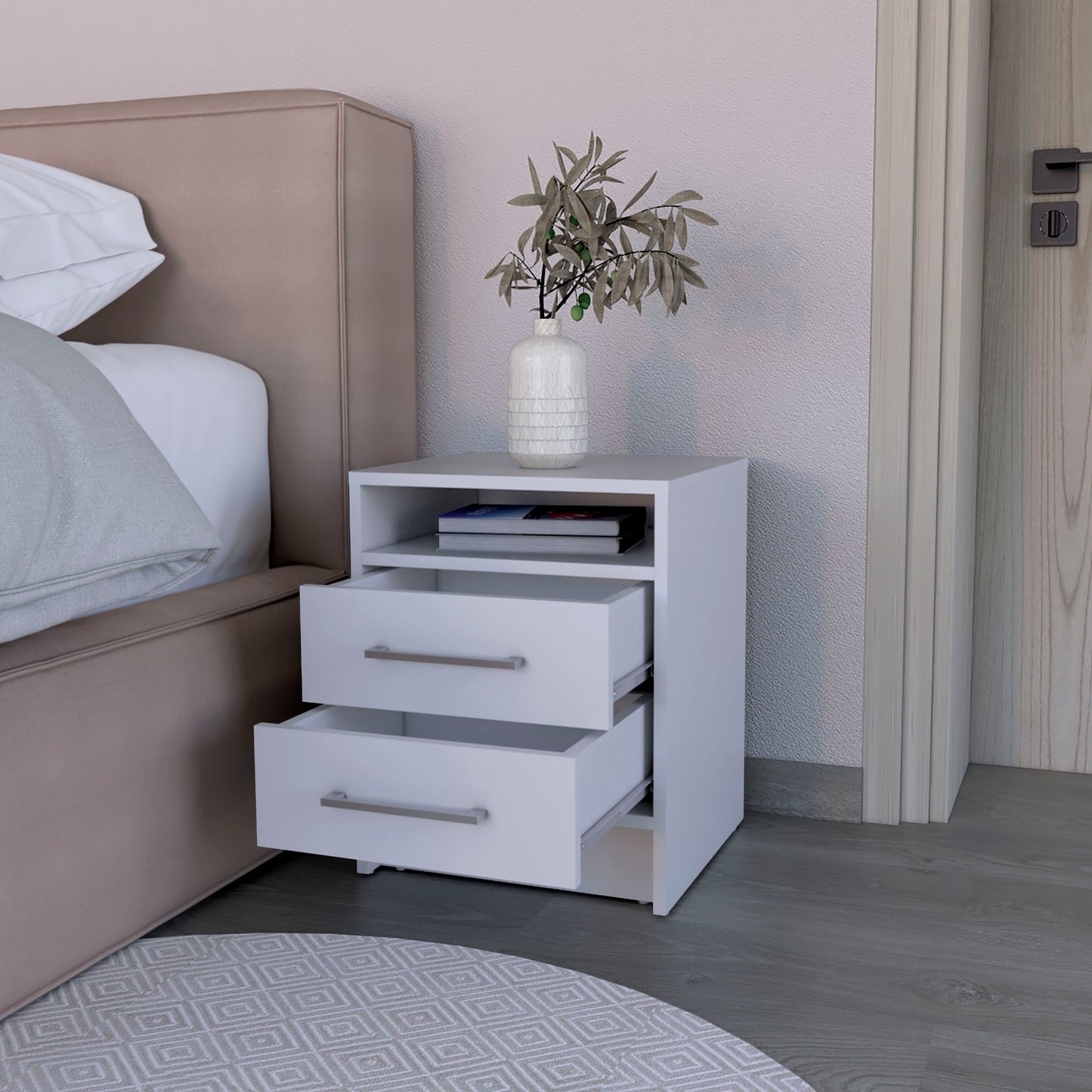Modern white bedside table with two drawers and a top shelf featuring silver handles