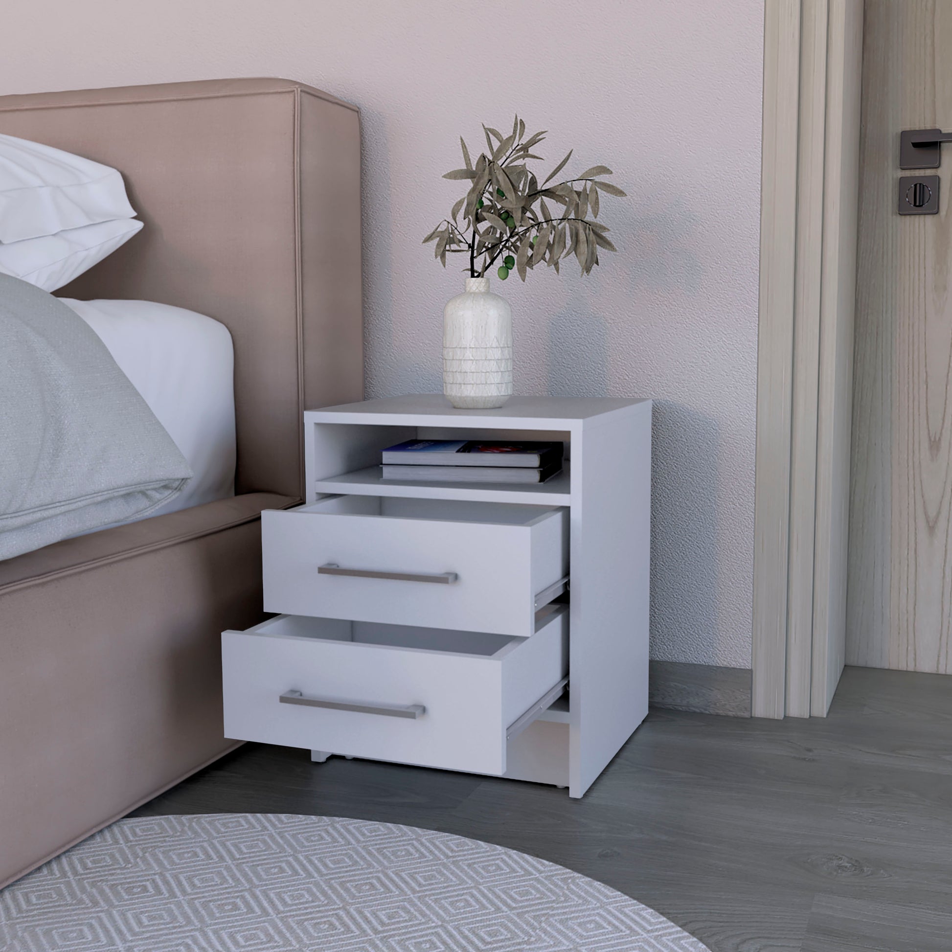 Modern white bedside table with two drawers and a top shelf featuring silver handles