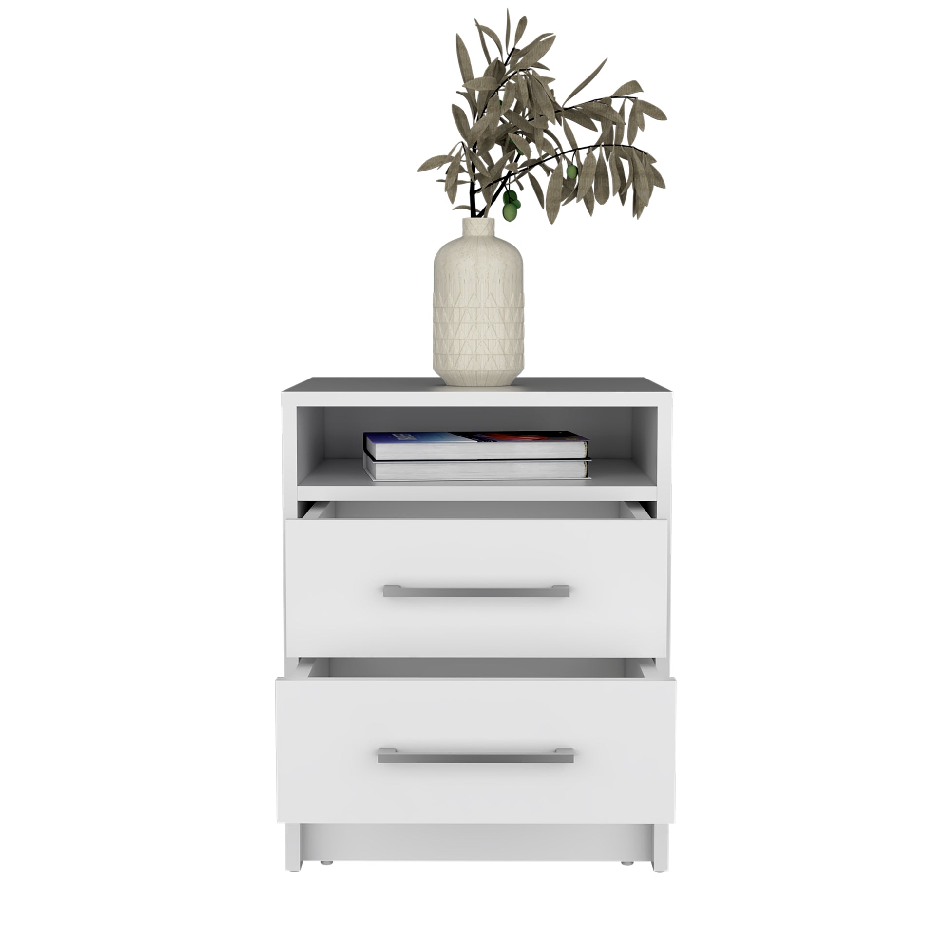 White modern bedside table with two drawers and open shelf