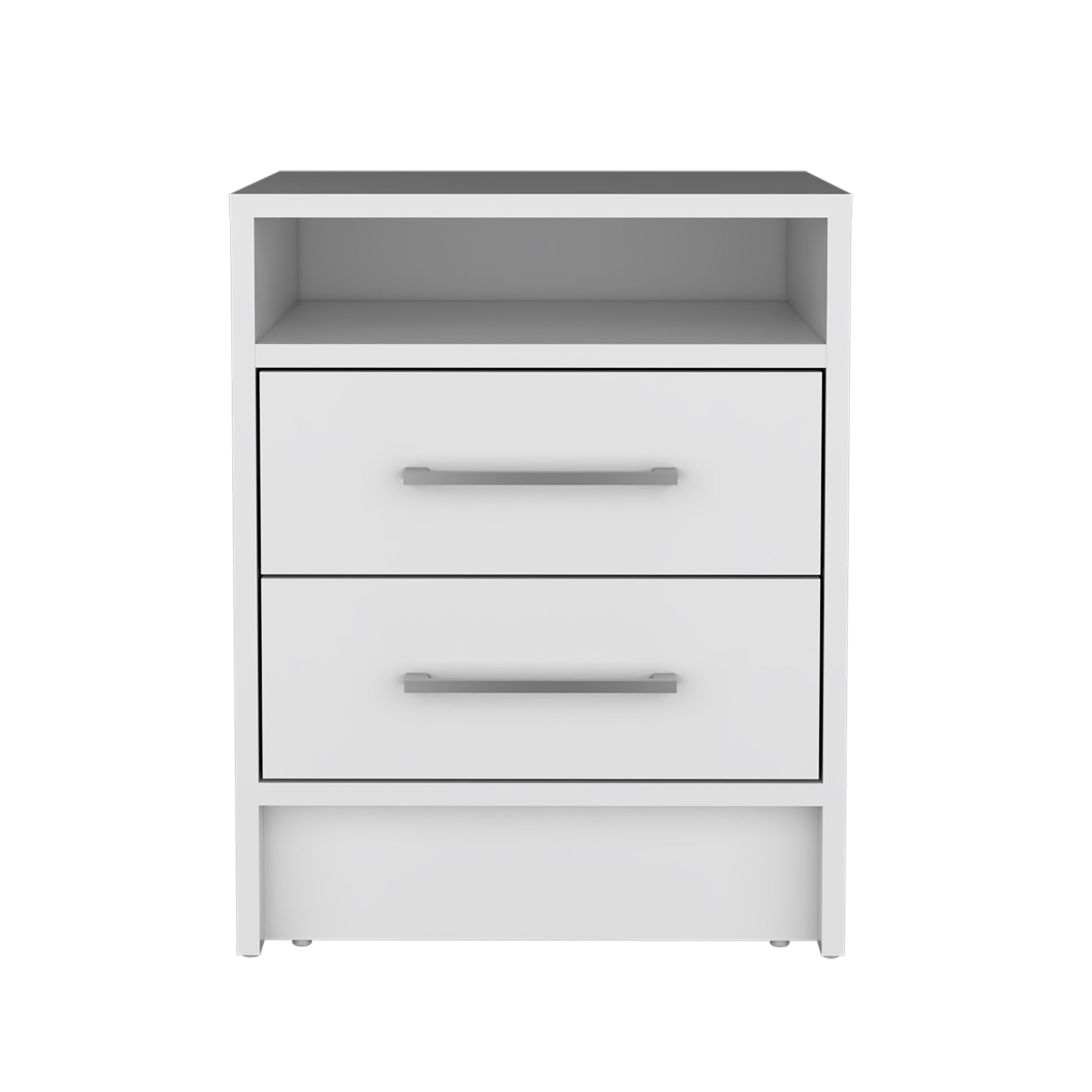 White bedside table with two drawers and an open shelf modern design