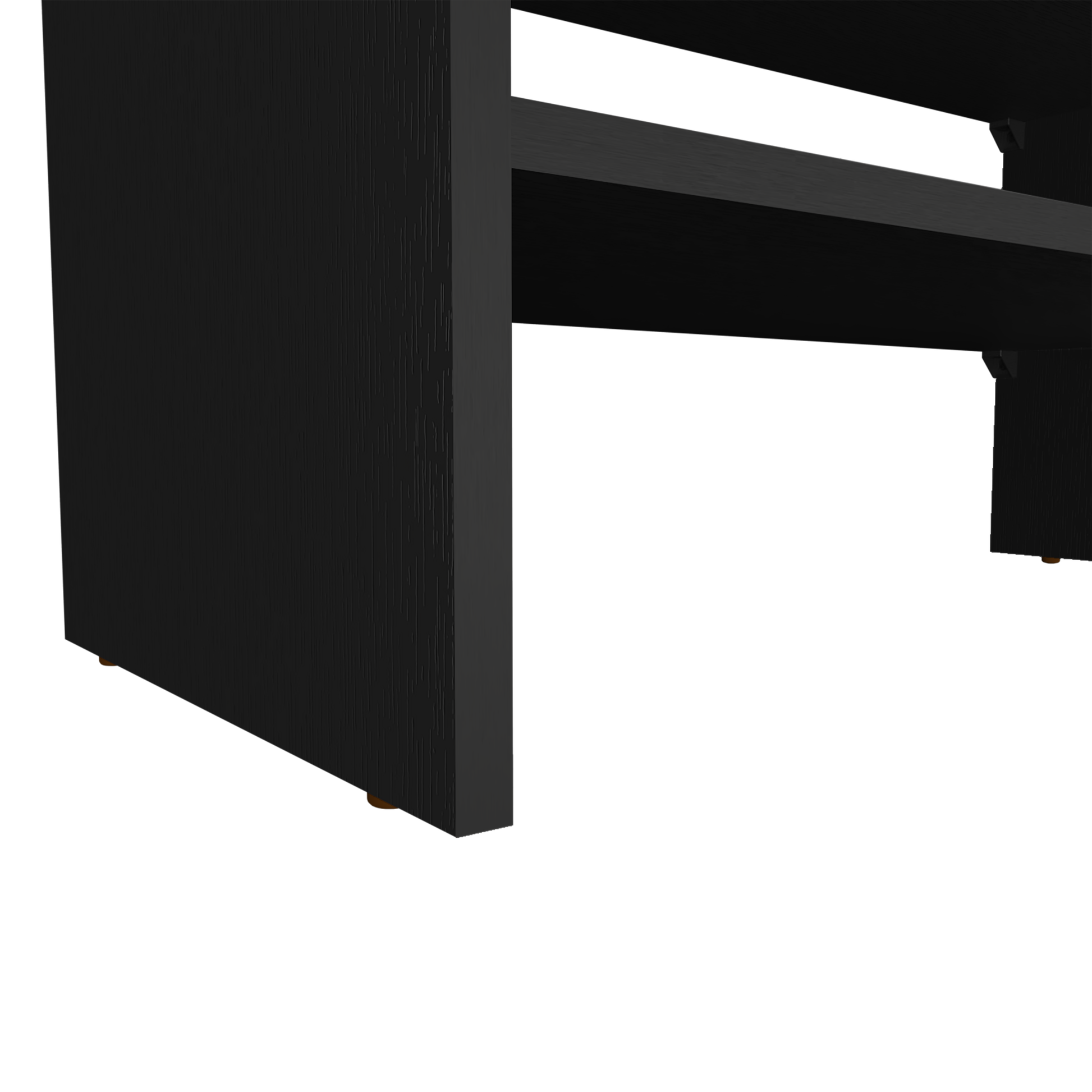 Modern black minimalist desk with wood grain texture and sleek design