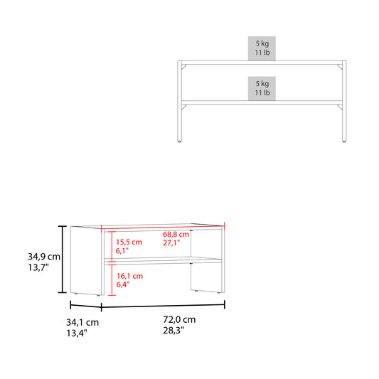 Line drawing of a modern media console with dimensions labeled in cm and inches showcasing shelf heights