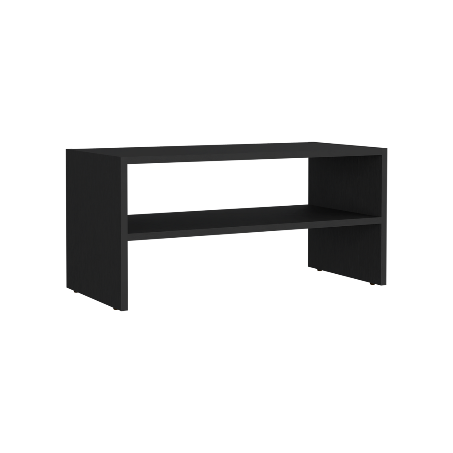 Black modern media console with open shelving and minimalist design