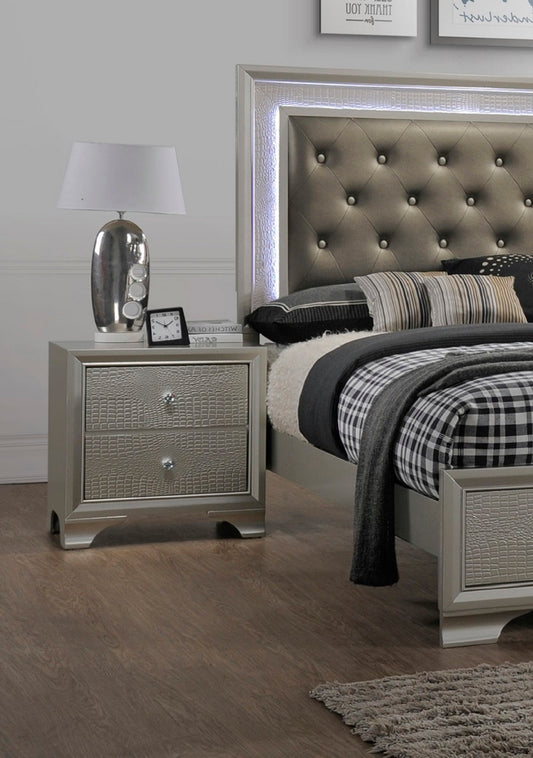 Silver metallic crocodiletextured nightstand with crystal drawer pulls