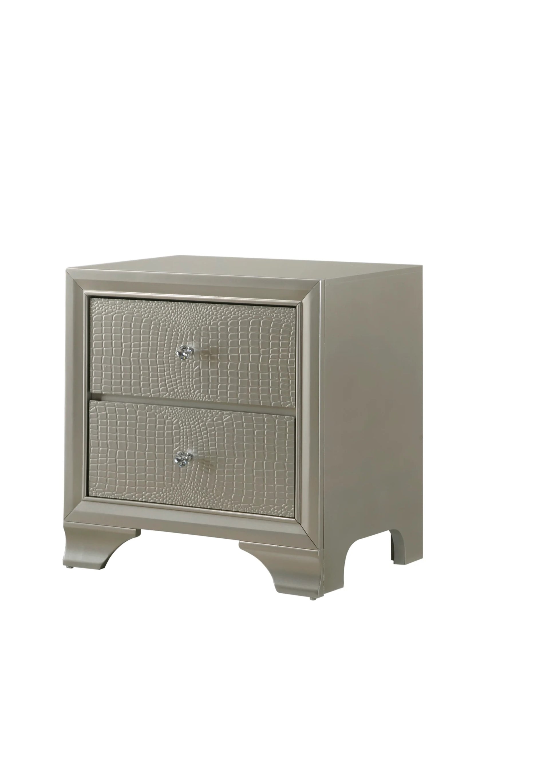 Champagne metallic nightstand with crocodile texture drawers and crystal knobs