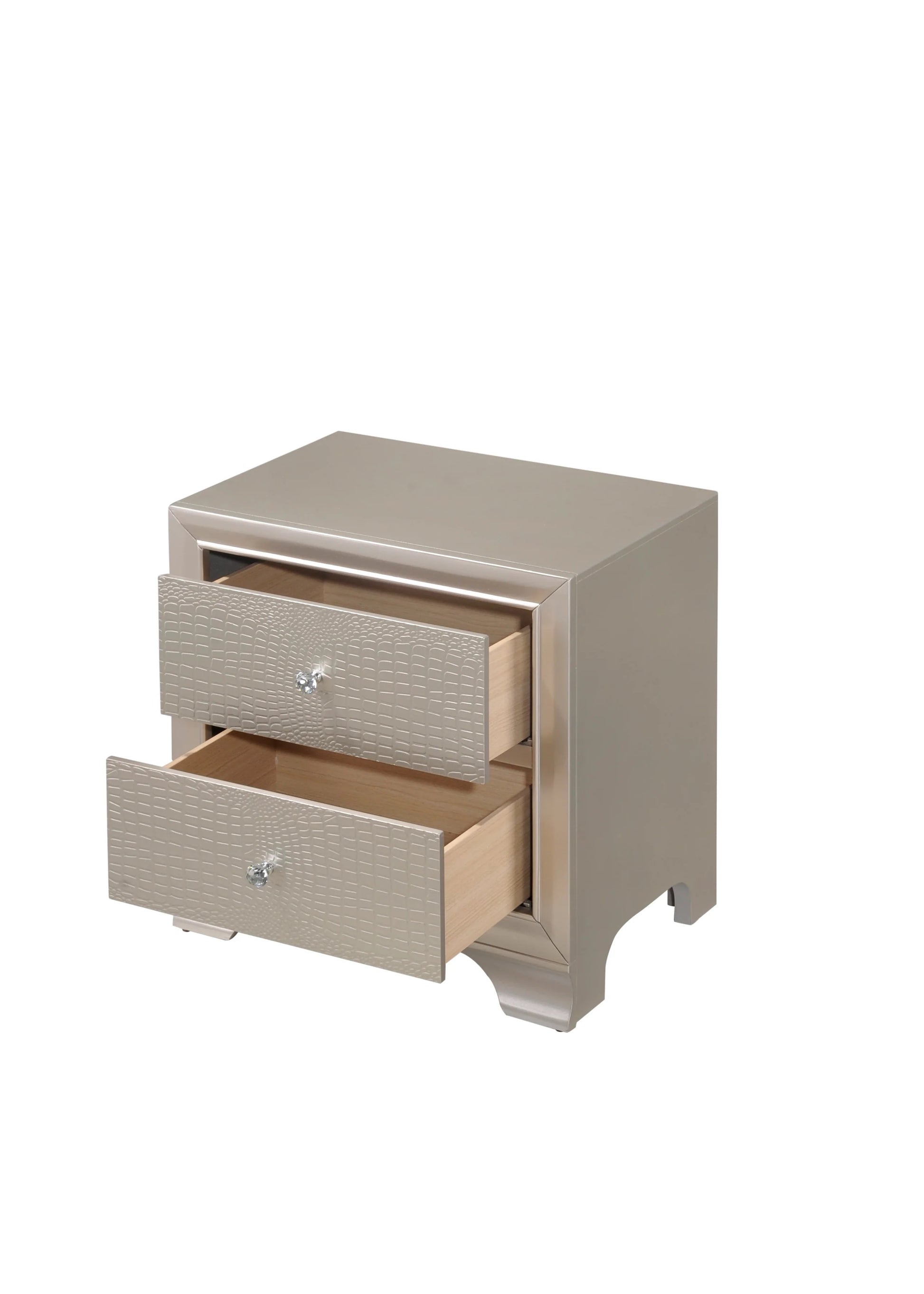 Champagne faux alligator texture nightstand with crystal knob drawer pulls