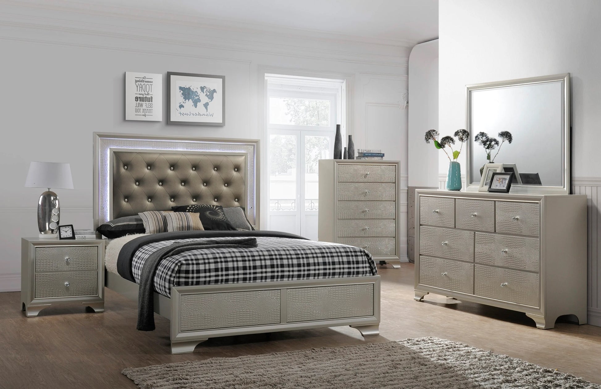 Tufted gray upholstered bed with LED headboard and crocodile texture accents