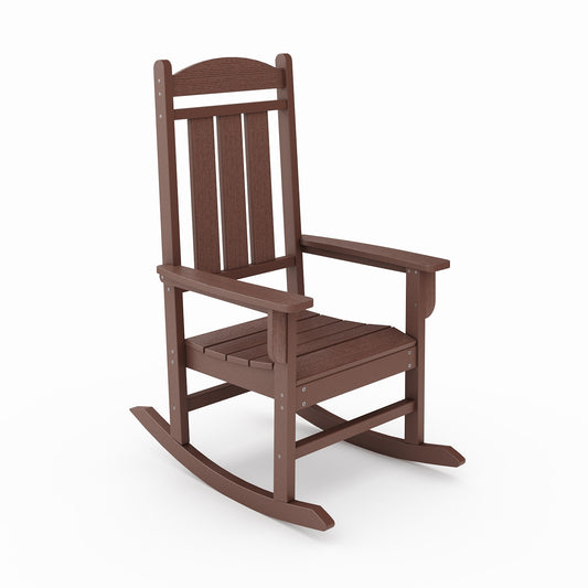 Brown resin Adirondack rocking chair with slatted seat and back
