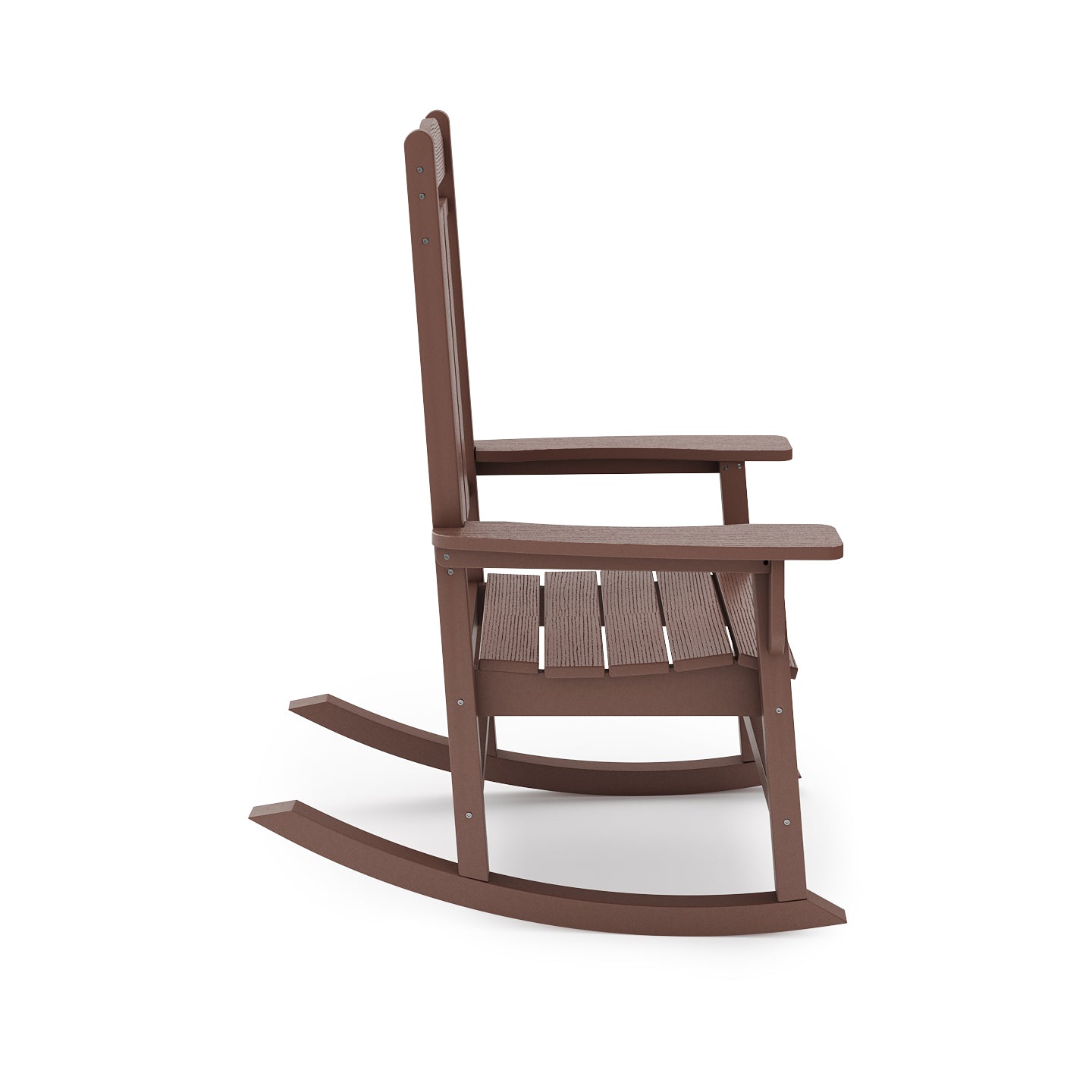 Brown composite rocking chair with slatted seat and back on white background