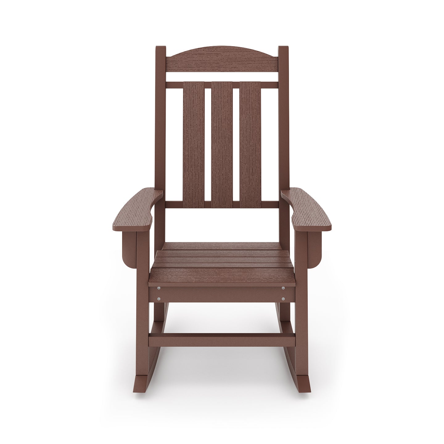 Brown rocking chair with slatted back and seat on white background