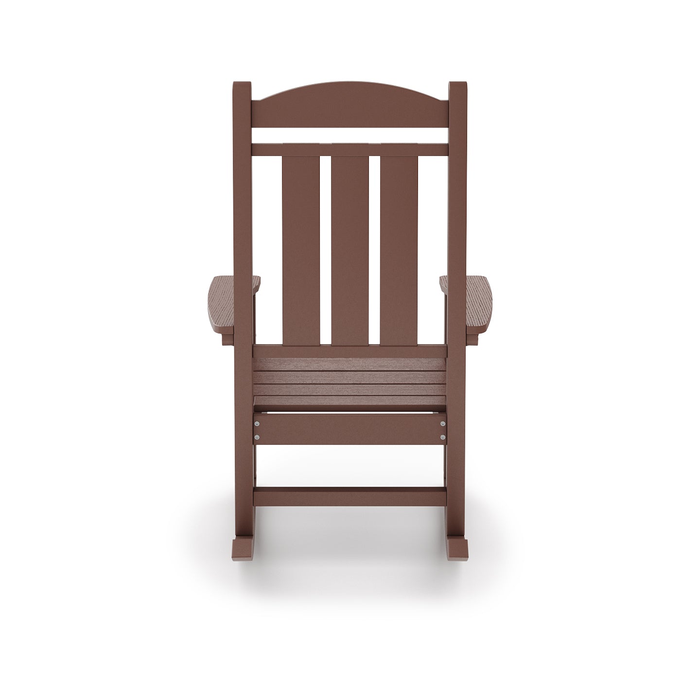 Brown Adirondack rocking chair with slatted seat and back ideal for outdoor relaxation