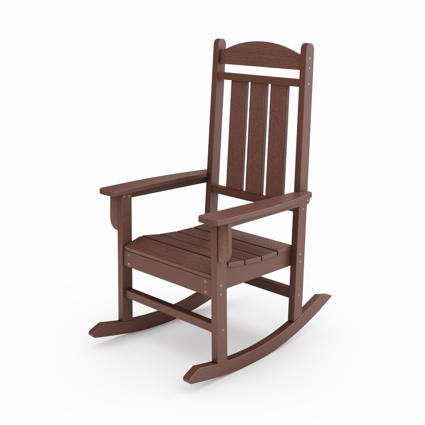 Classic brown Adirondack rocking chair perfect for outdoor relaxation