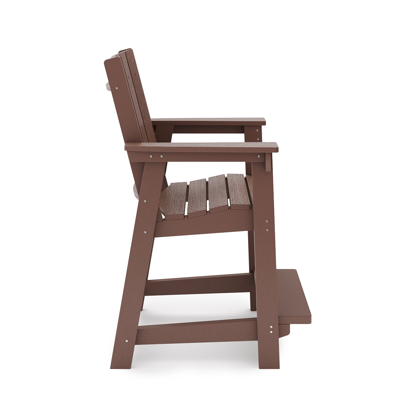 Brown polywood bar stool with slatted seat perfect for outdoor seating