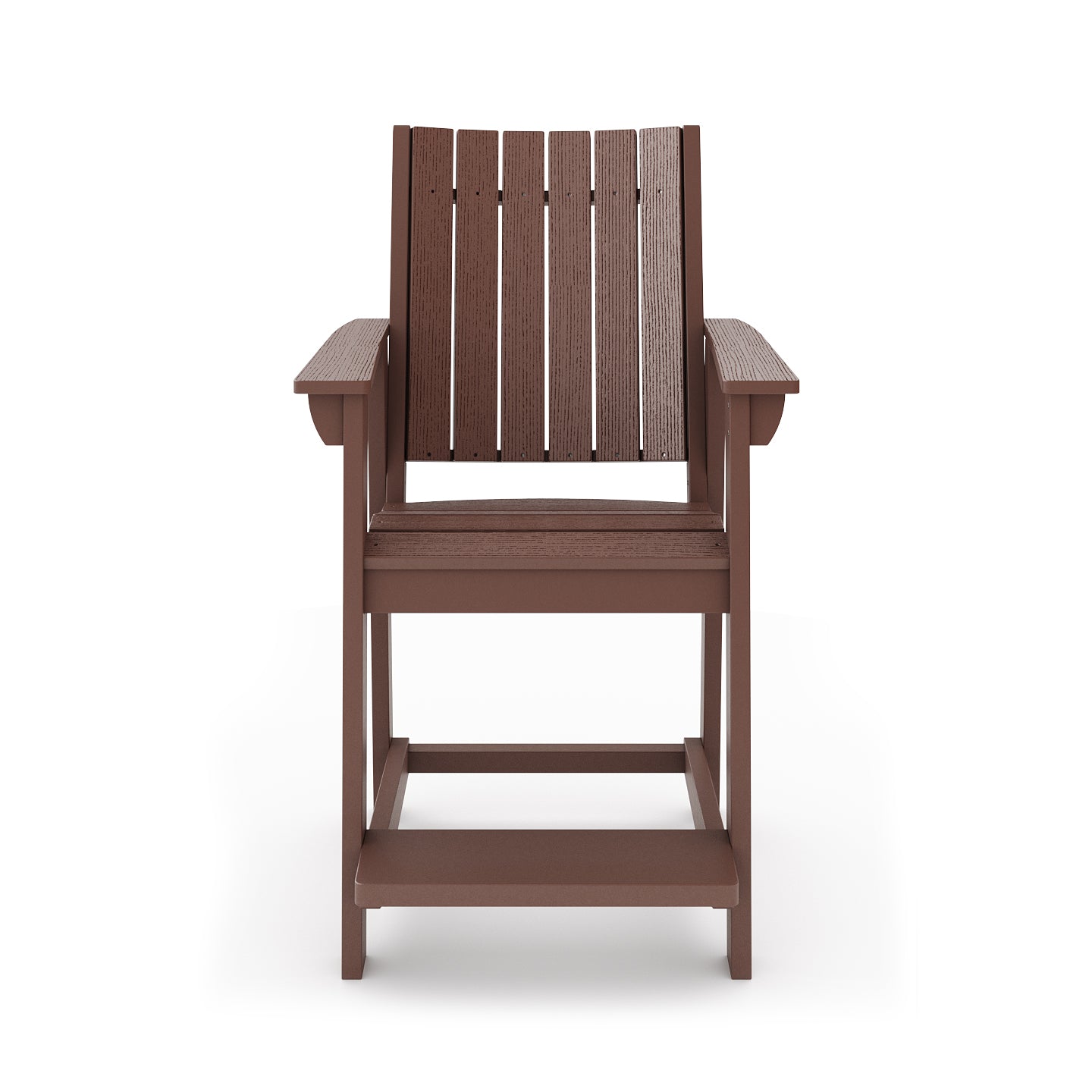 Brown composite outdoor chair with slatted back and arms