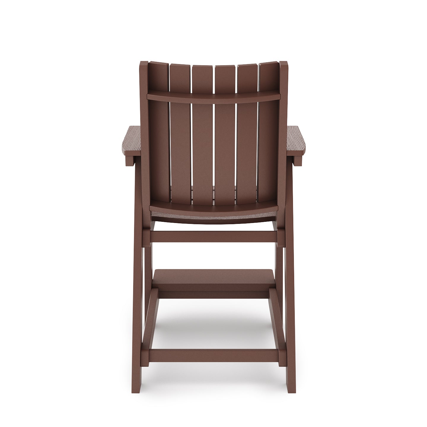 Back view of a brown Adirondack chair made of durable weatherresistant plastic