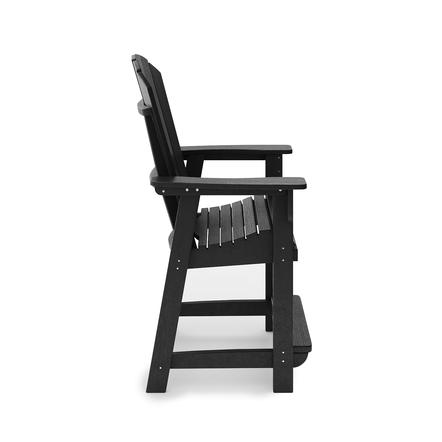 Black outdoor poly lumber bar stool with slatted seat and footrest