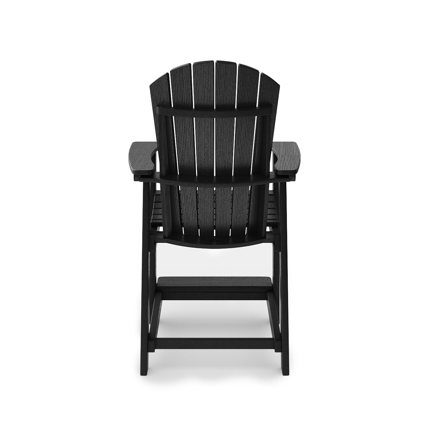 Black Adirondack patio chair with slatted back and arms perfect for outdoor relaxation