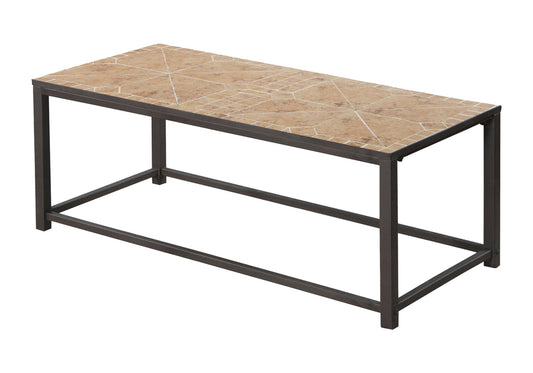Brown tiled coffee table with dark metal frame and geometric pattern