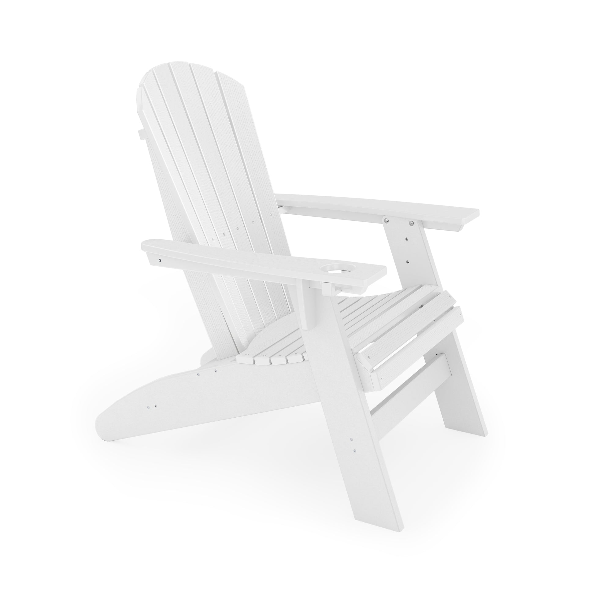 White Adirondack chair with wide armrests and cup holder perfect for outdoor relaxation