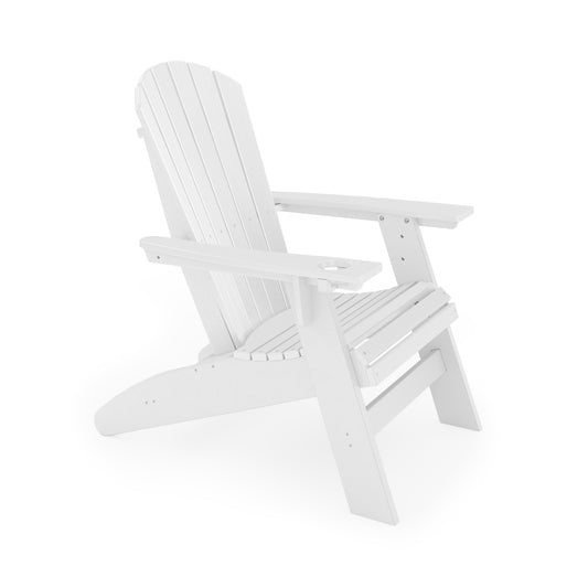 White Adirondack chair with wide armrests and cup holder perfect for outdoor relaxation