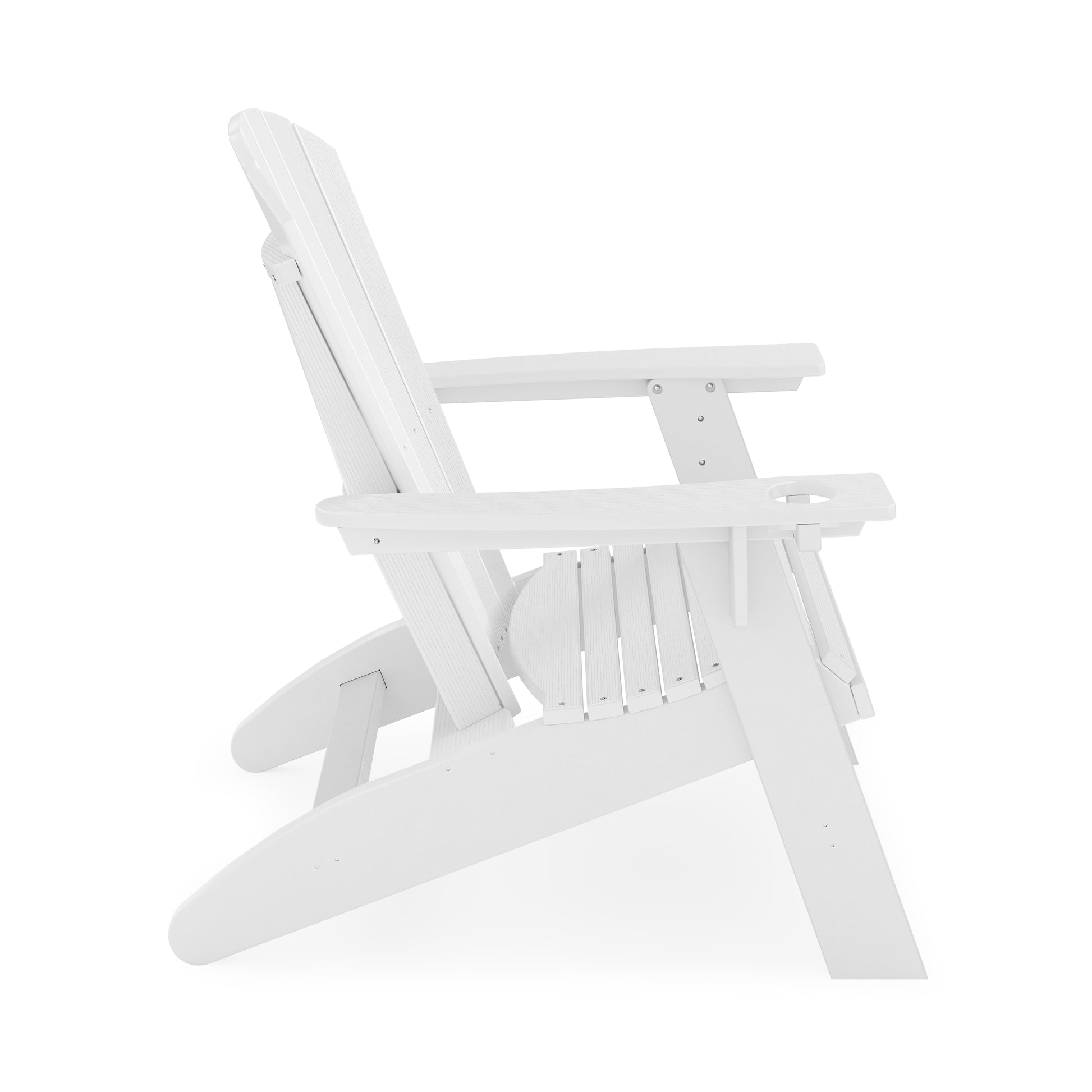 White plastic Adirondack chair with slatted back and builtin cup holder