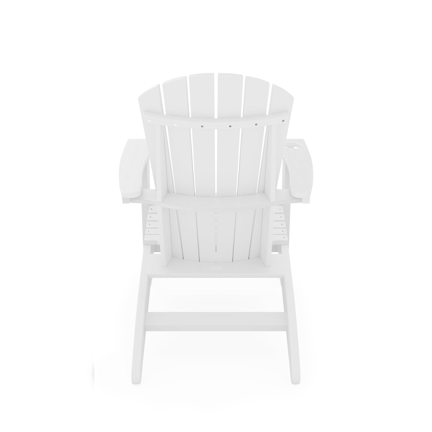 White Adirondack chair with slatted back and arms perfect for outdoor relaxation