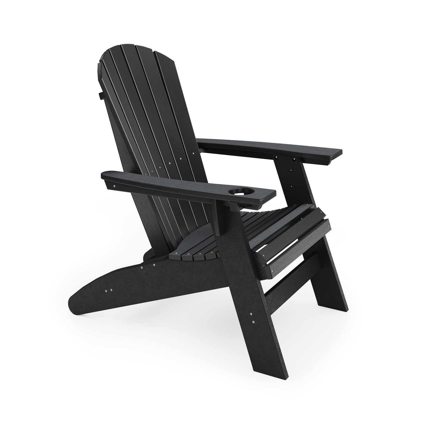 Black Adirondack chair with builtin cup holder perfect for outdoor relaxation