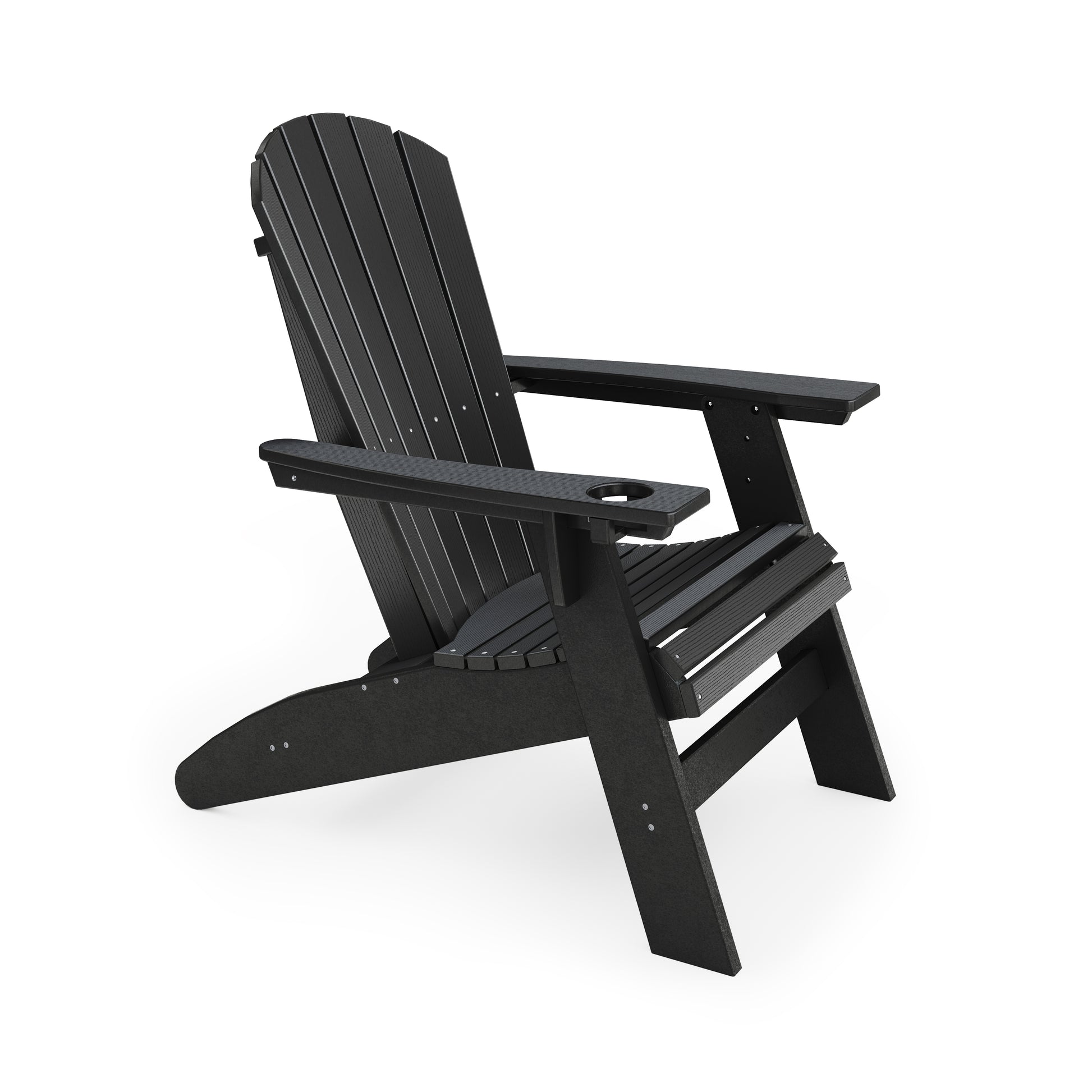 Black Adirondack chair with builtin cup holder perfect for outdoor relaxation