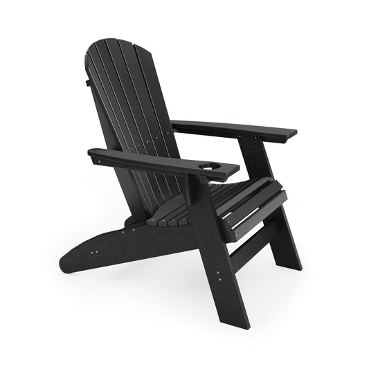 Black Adirondack chair with builtin cup holder perfect for outdoor relaxation