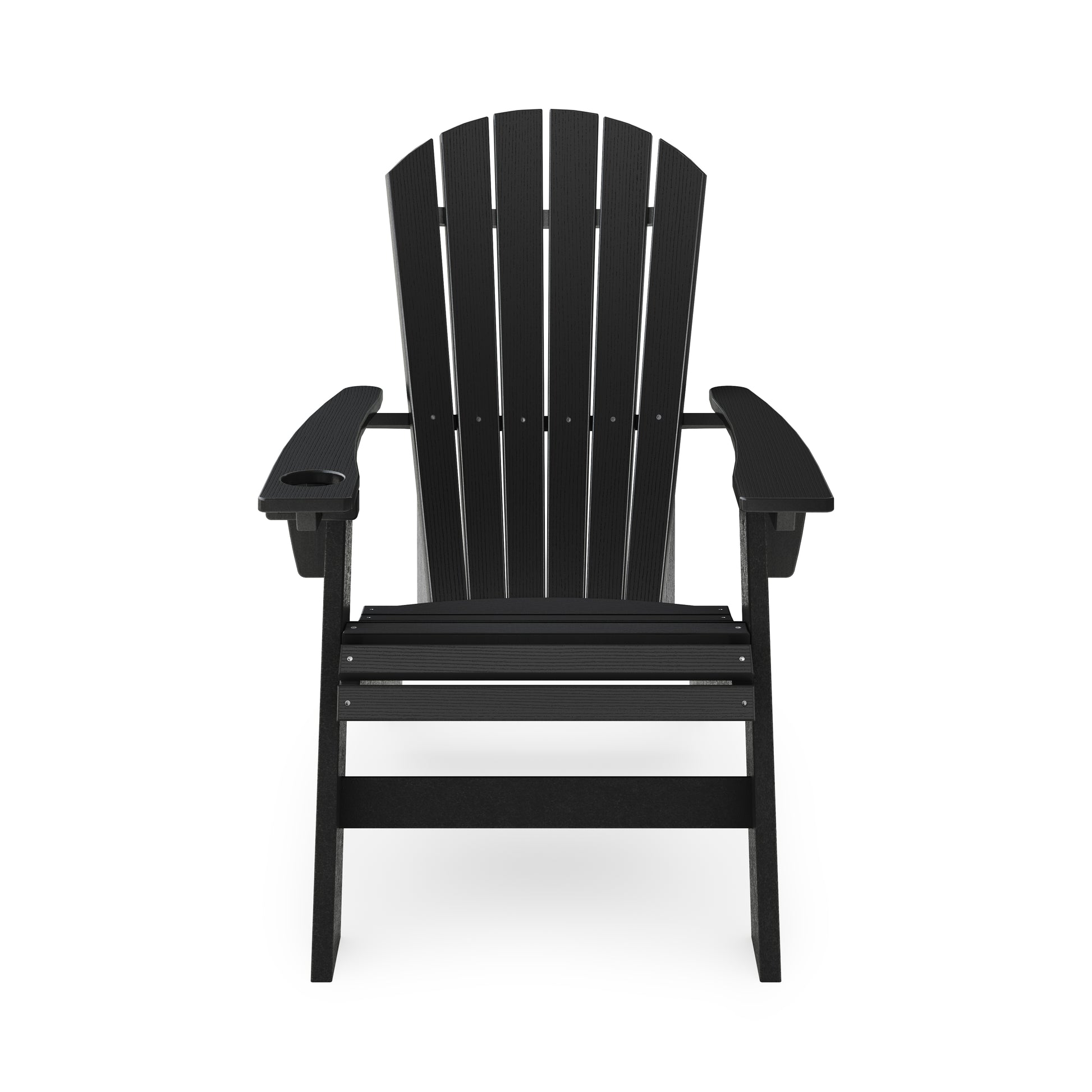 Black Adirondack chair with slatted back and builtin cup holder