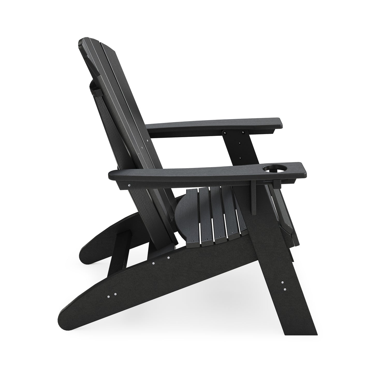 Black Adirondack chair with cup holder on armrest perfect for patio relaxation