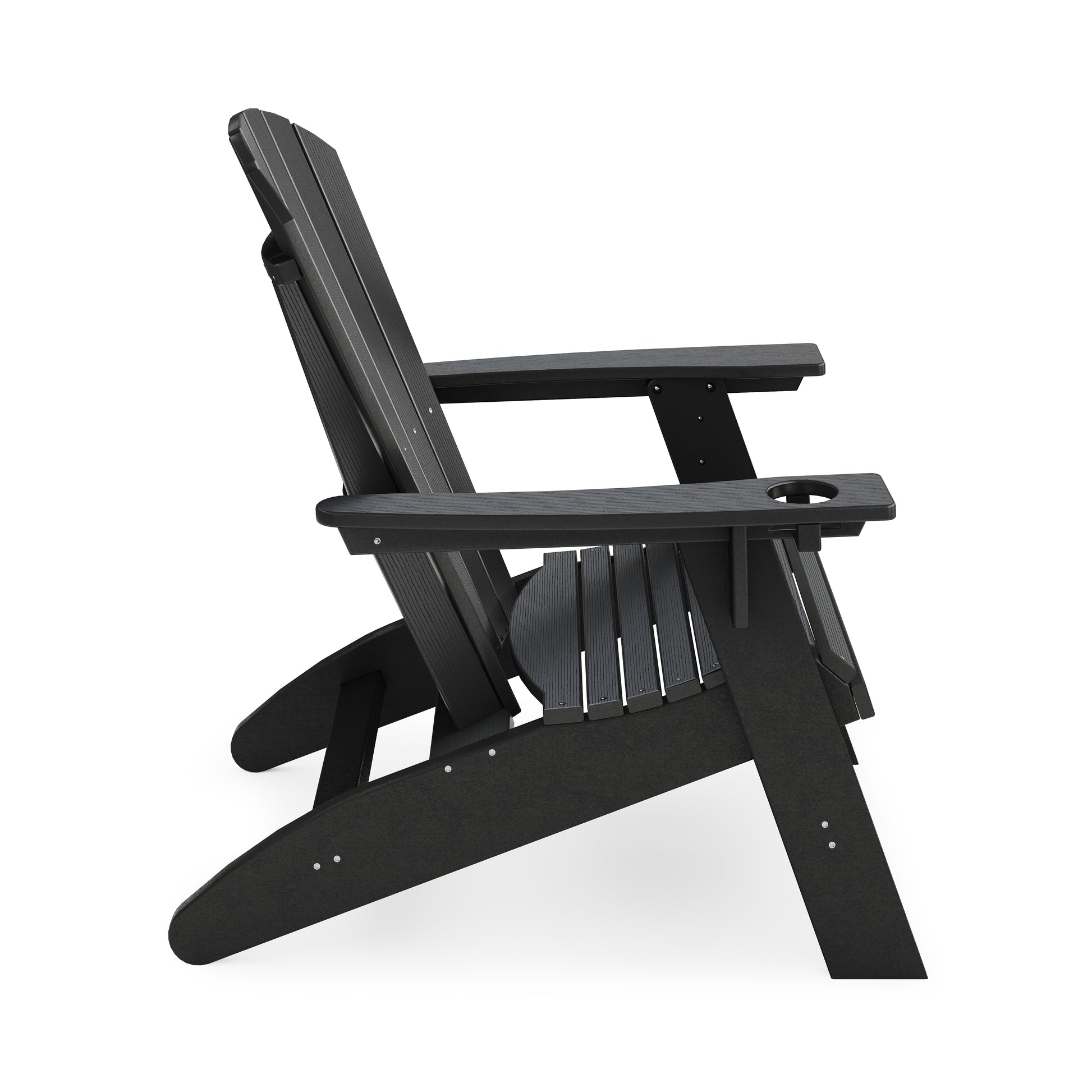 Black Adirondack chair with cup holder on armrest perfect for patio relaxation
