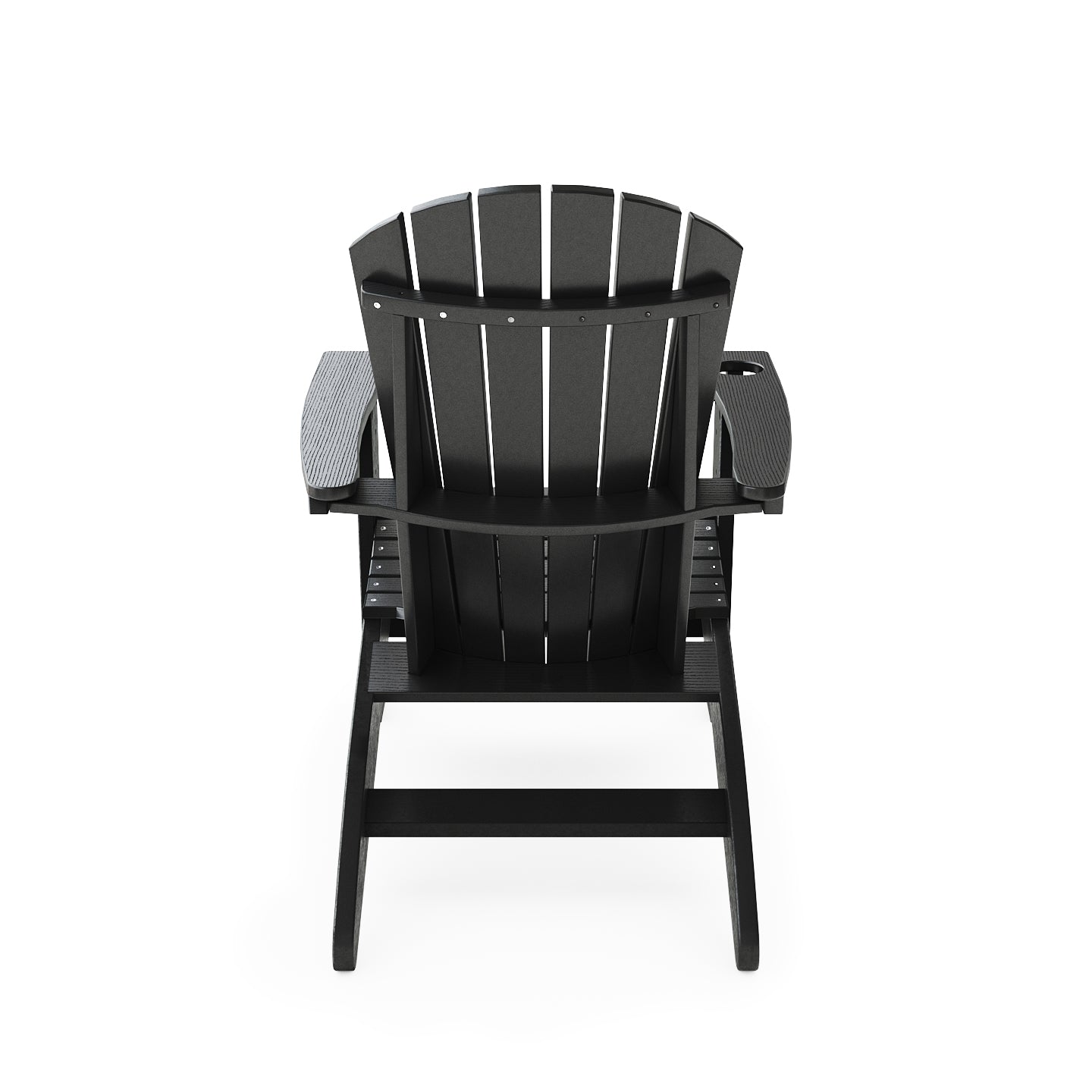 Black Adirondack chair with contoured back and wide armrests perfect for outdoor relaxation