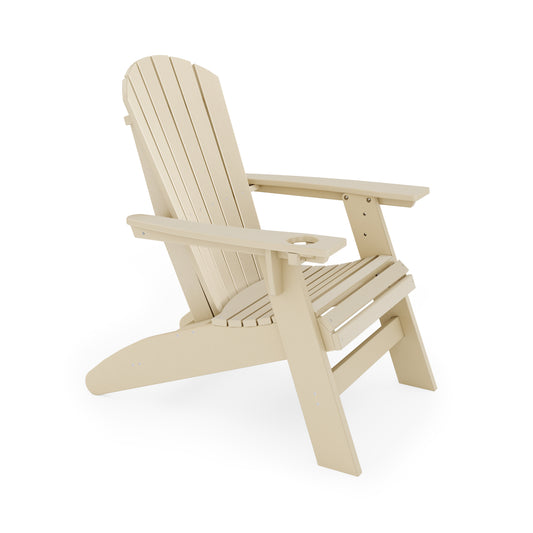 Tan Adirondack chair with cupholder for patio relaxation