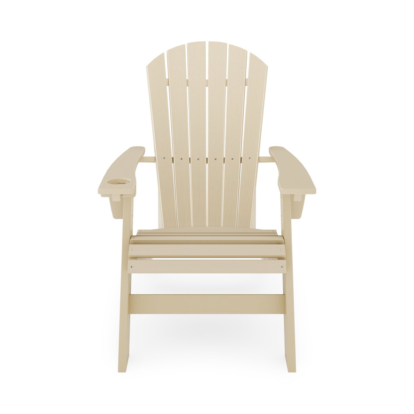 Light beige Adirondack chair with wide armrests and integrated cup holder